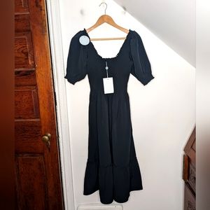 HILL HOUSE The Louisa Midi Nap Puff Sleeve Dress Black Crepe NEW Size S